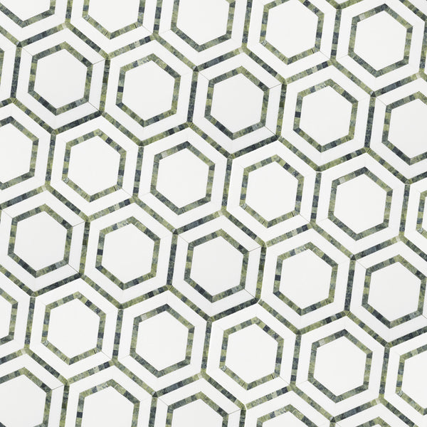 Moss Green & Thassos Outline Hexagon Stone Mosaic