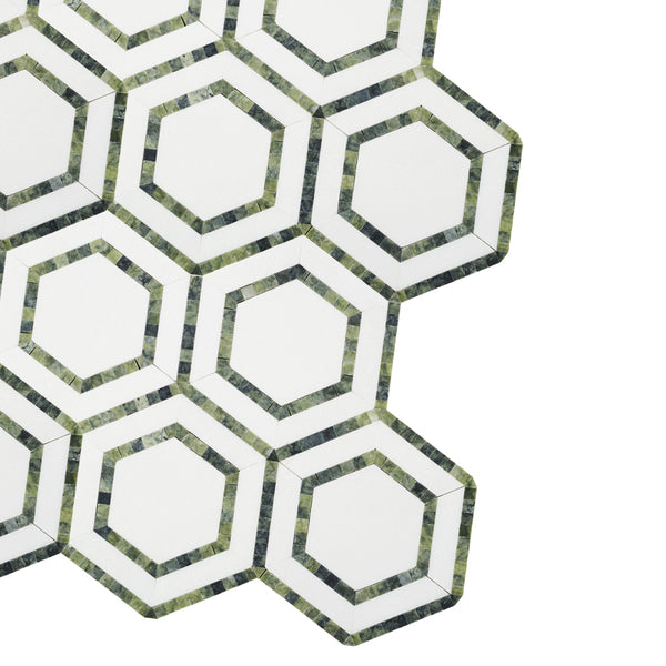 Moss Green & Thassos Outline Hexagon Stone Mosaic